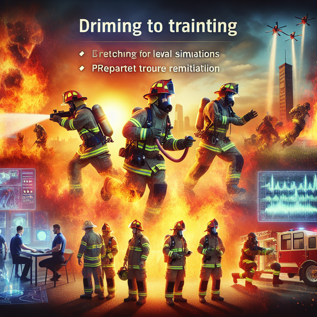 A vibrant illustration of firefighters engaging in various training methods, including live drills, simulations, and advanced technological tools.