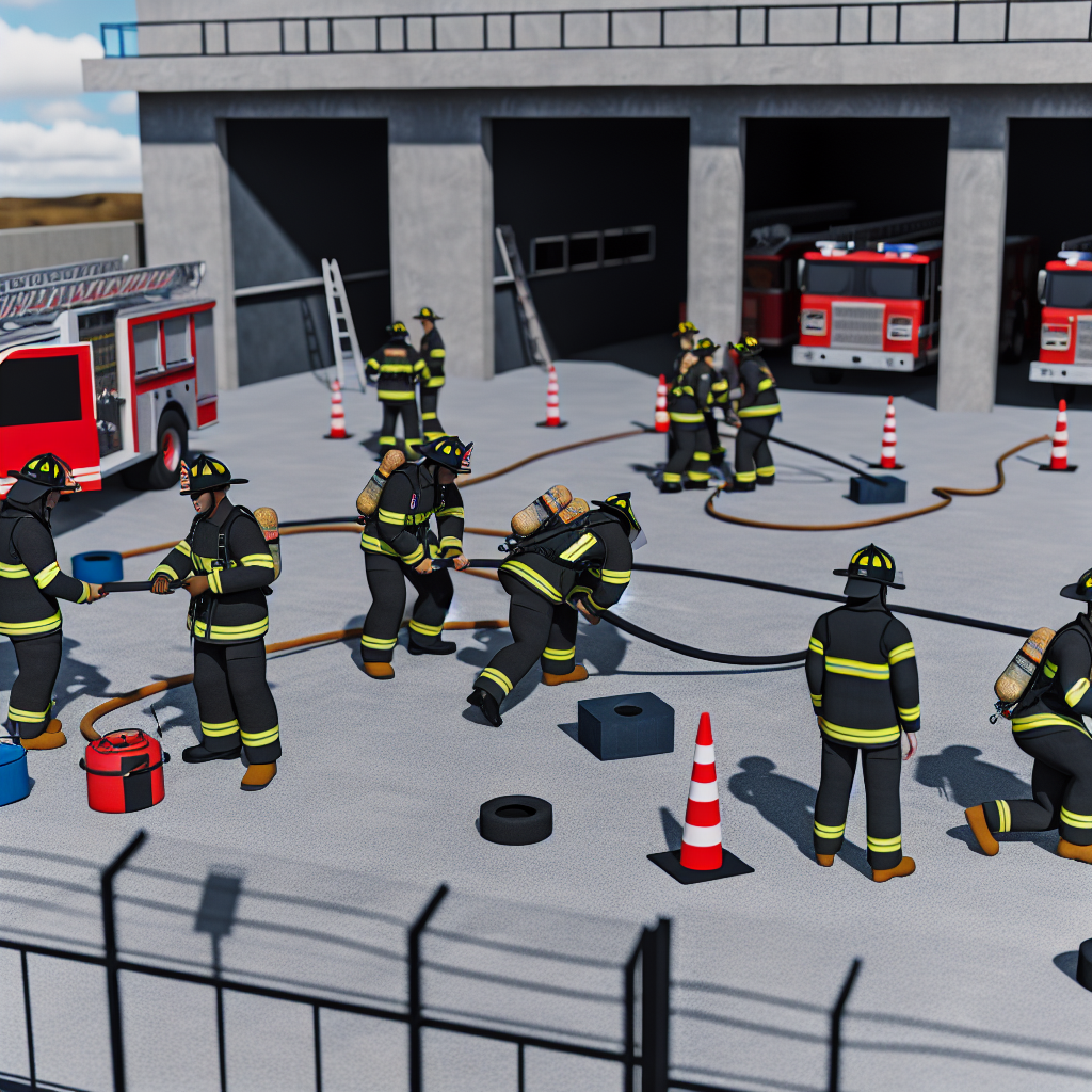 Firefighters engaged in training with fire trucks, illustrating teamwork and technical skills.