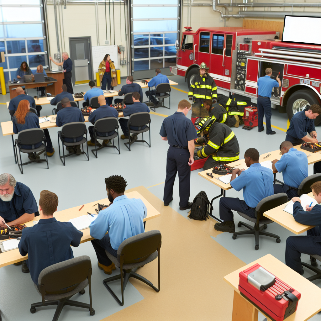 Fire personnel engaged in a classroom setting for fire truck maintenance training.