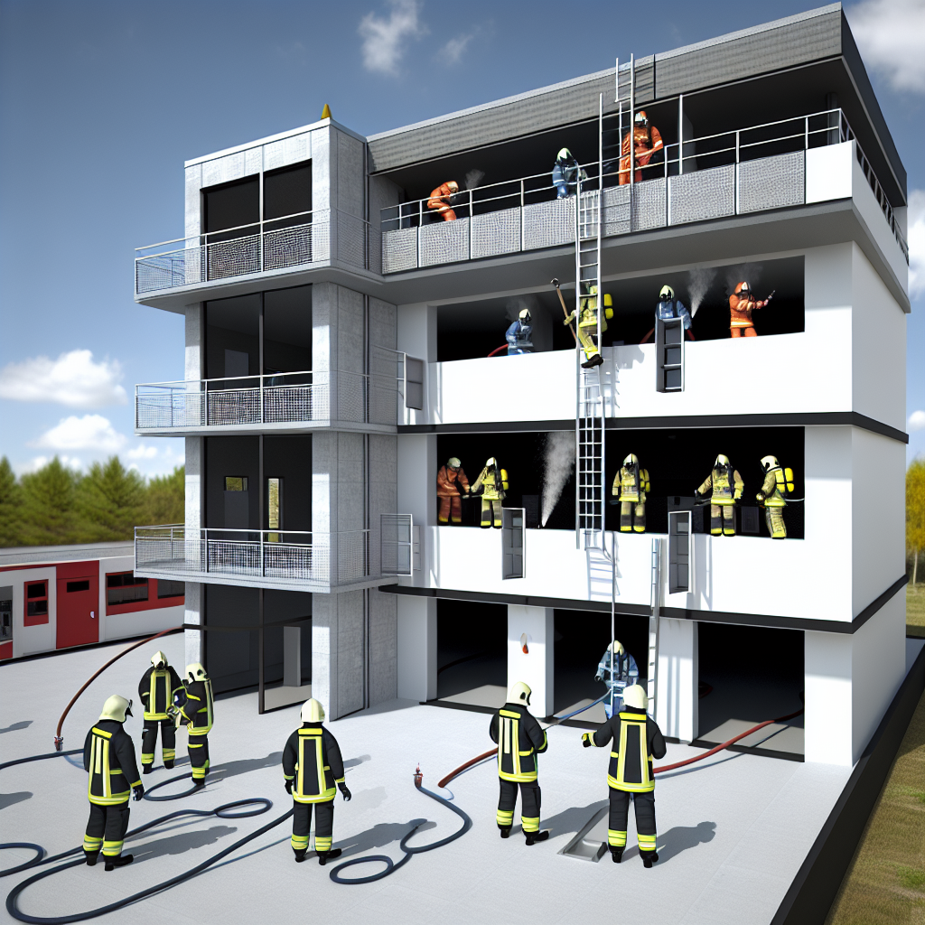 A modern firefighter training tower, emphasizing its innovative design and realistic training capabilities.