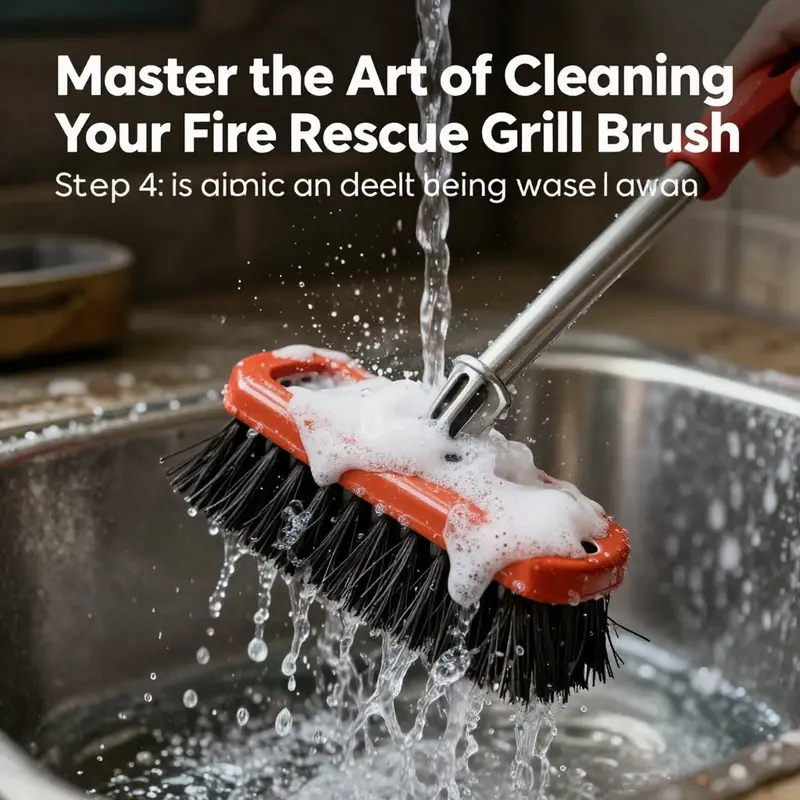 Removing loose debris from a fire rescue grill brush before deep cleaning.
