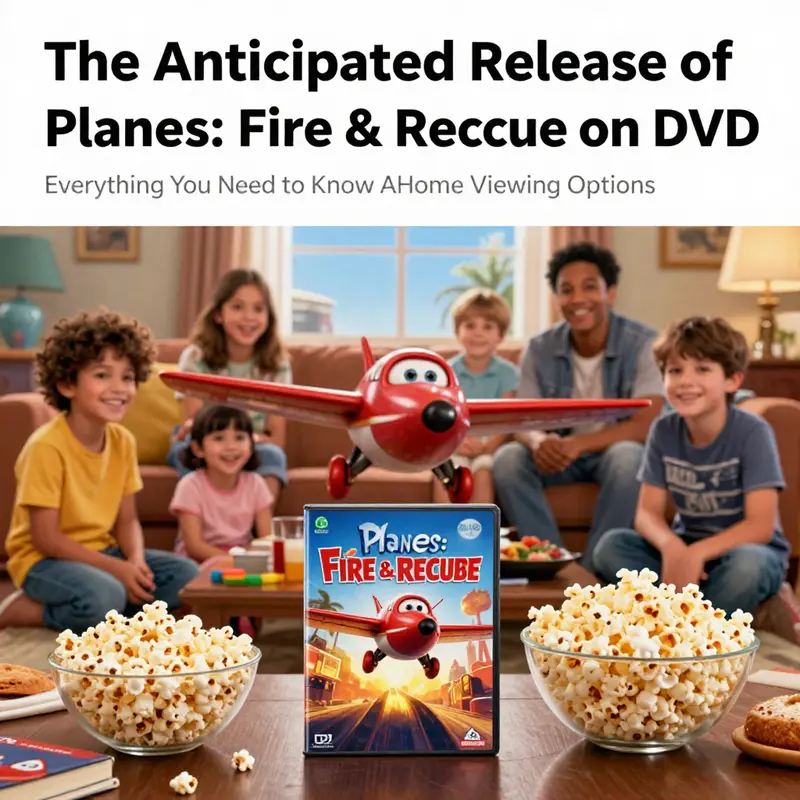 A joyful family movie night scene with a focus on *Planes: Fire & Rescue* DVD, surrounded by popcorn and laughter.