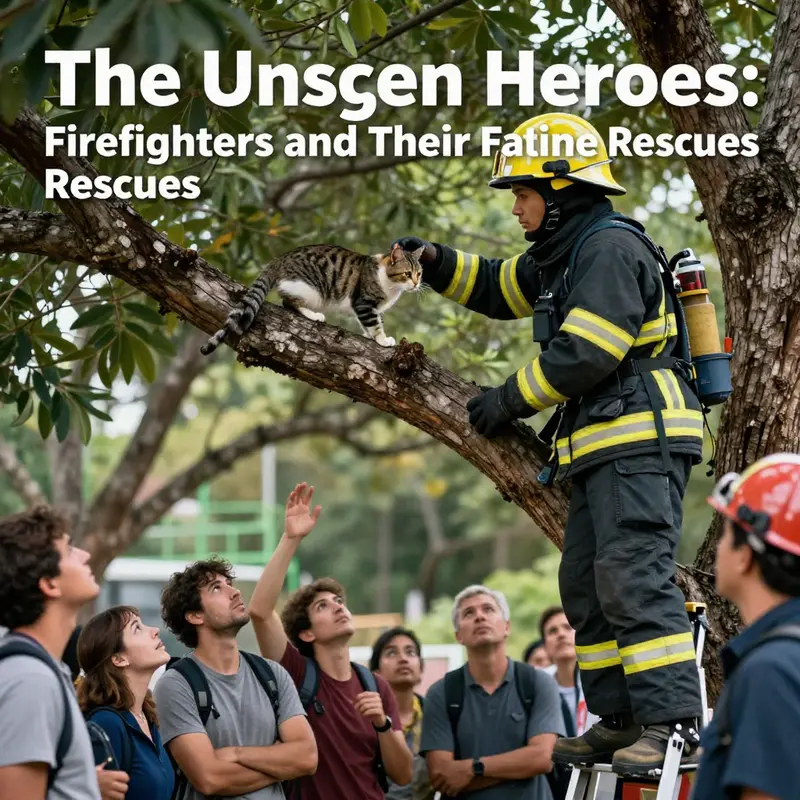 A firefighter carefully rescuing a stranded cat from a tree, showcasing the dedication and skill involved in this unique rescue.