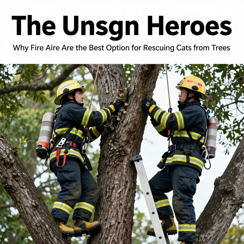 A firefighter carefully rescuing a stranded cat from a tree, showcasing the dedication and skill involved in this unique rescue.