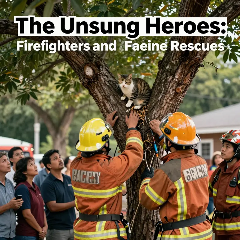 Firefighters rescuing a cat from a tree, illustrating the importance of their role in ensuring animal safety.