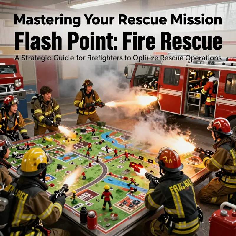 Players engaged in a firefighting strategy game, collaborating to rescue survivors on the game board in Flash Point: Fire Rescue.