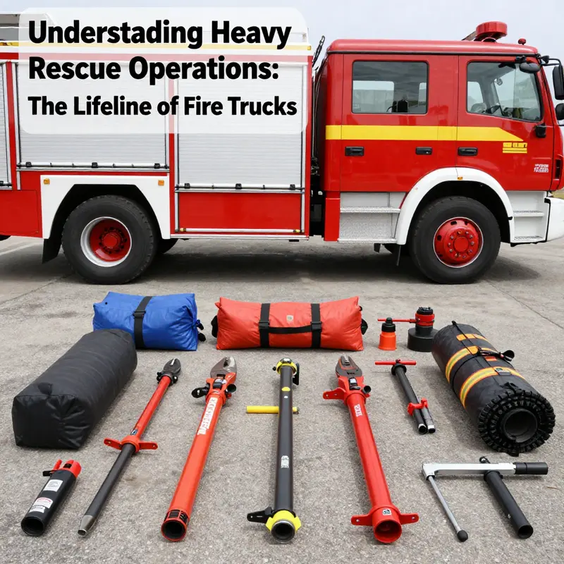 A heavy rescue fire truck deployed to save lives at a complex accident scene.