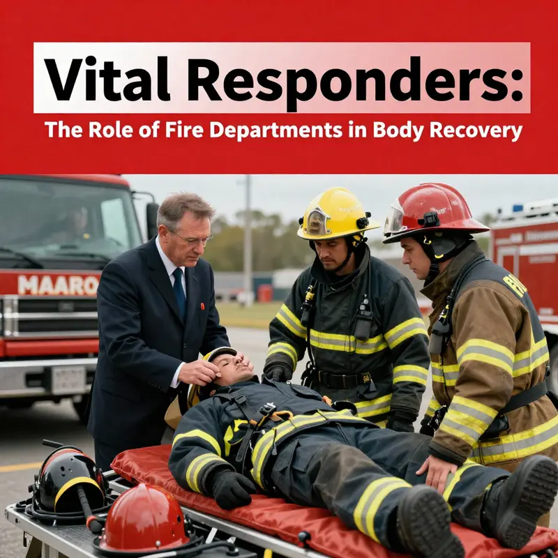 Firefighters engaged in careful recovery operations during a disaster, showing the sensitivity of their work.