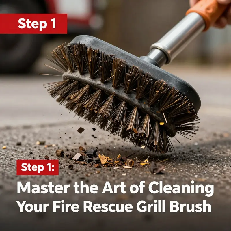 Removing loose debris from a fire rescue grill brush before deep cleaning.