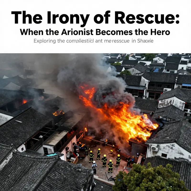 Aerial view of the Shaoxing fire scene showing extensive firefighting and rescue operations.