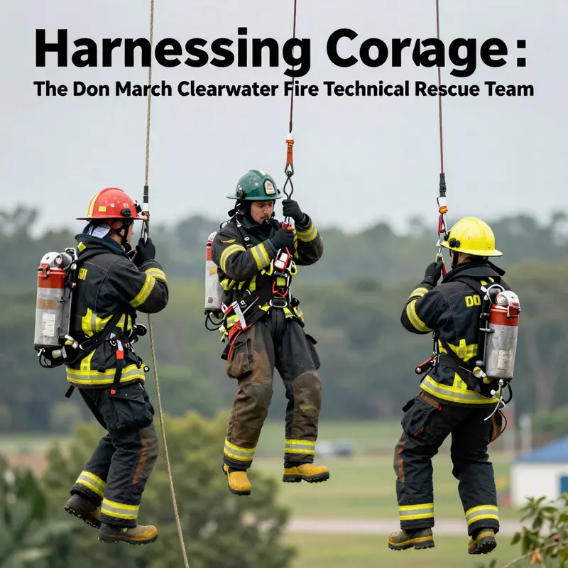 The Clearwater Fire Technical Rescue Team performs a high-angle rescue operation, displaying expertise and teamwork.