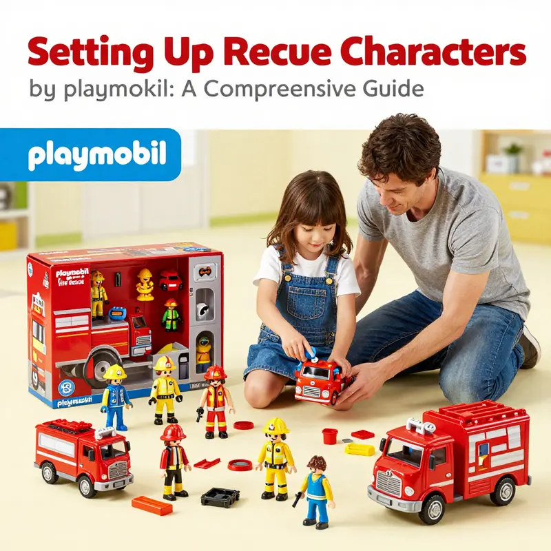 Parents and children unboxing and organizing the Playmobil Fire Rescue set for engaging play.