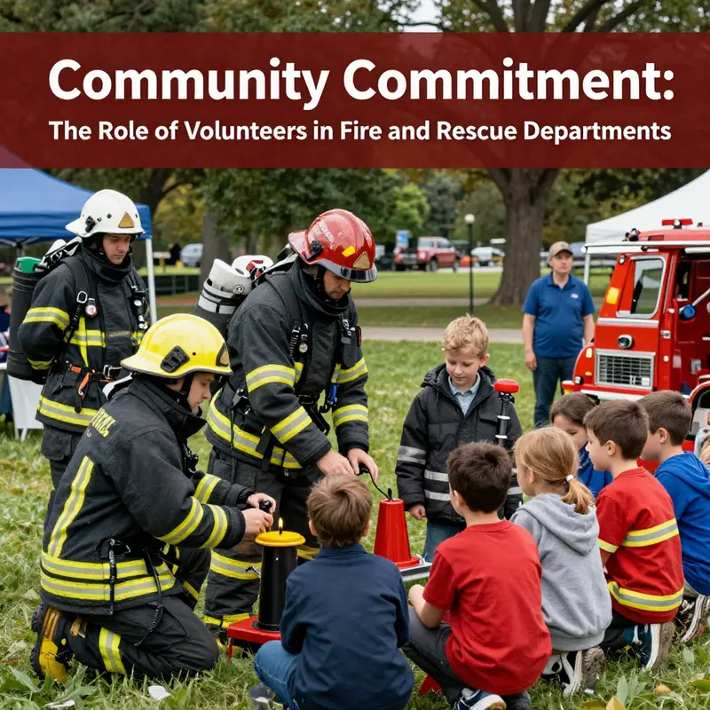 Volunteer firefighters engaging youth in fire safety education at a community event.