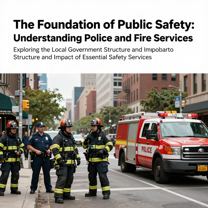 A cityscape illustrating the active role of police and fire departments in community safety.