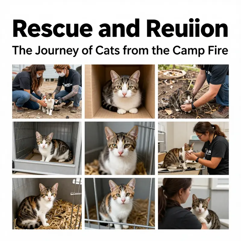 A collage depicting the efforts of rescuing cats, shelter care, and emotional reunions during the Camp Fire.