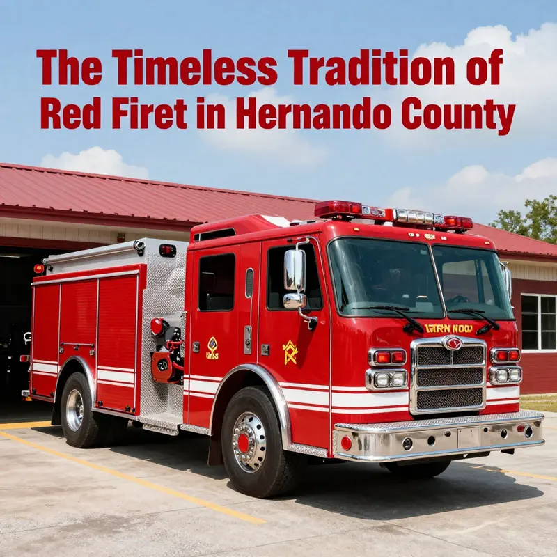A red fire truck positioned at the Hernando County Fire Rescue station, highlighting the importance of color in public safety.