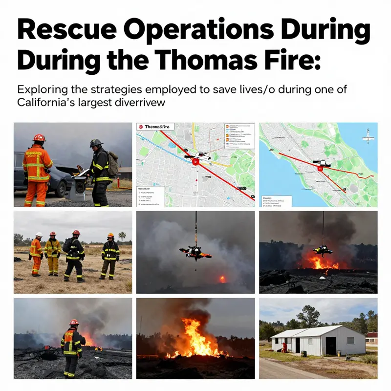 A collage of various rescue operations, including teams, maps, aerial support, and shelter setups related to the Thomas Fire.