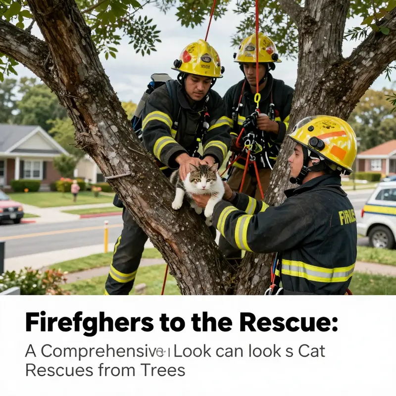 Firefighters working together to rescue a cat from a tall tree in a community setting.