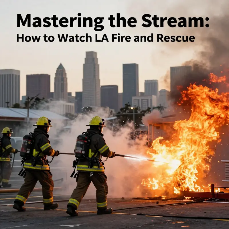 A dramatic scene of firefighters battling flames with a city skyline in the background, reflecting the theme of LA Fire and Rescue.