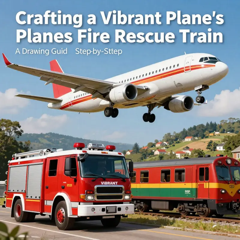 Image depicting a beautiful illustration of a planes fire rescue train scene, featuring an airplane, fire truck, and train.