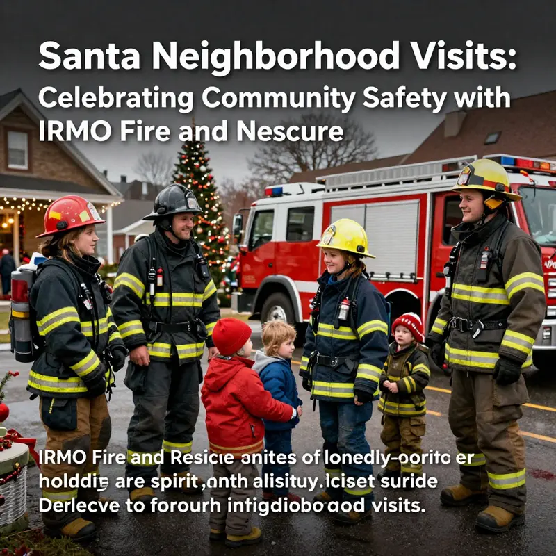A joyful holiday scene with families and firefighters celebrating community safety during Santa neighborhood visits.