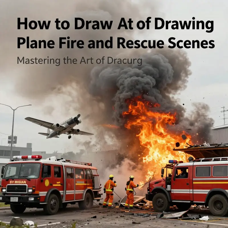 A vivid representation of a plane fire and rescue scene to help artists grasp the intensity and complexity of the environment.