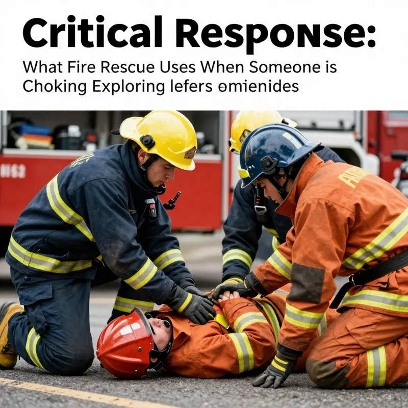 Fire rescue team working to assist a choking victim with the Heimlich maneuver.