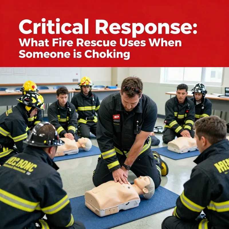 A fire rescue personnel efficiently performing the Heimlich maneuver to save a choking victim.