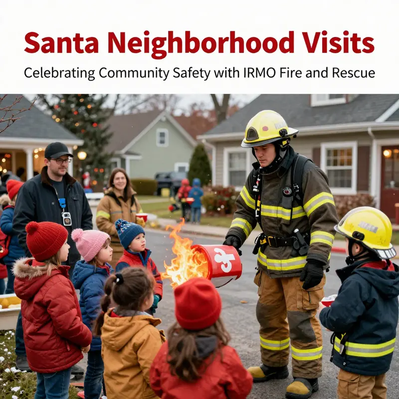 IRMO Fire and Rescue team engaging with families during a festive neighborhood visit.
