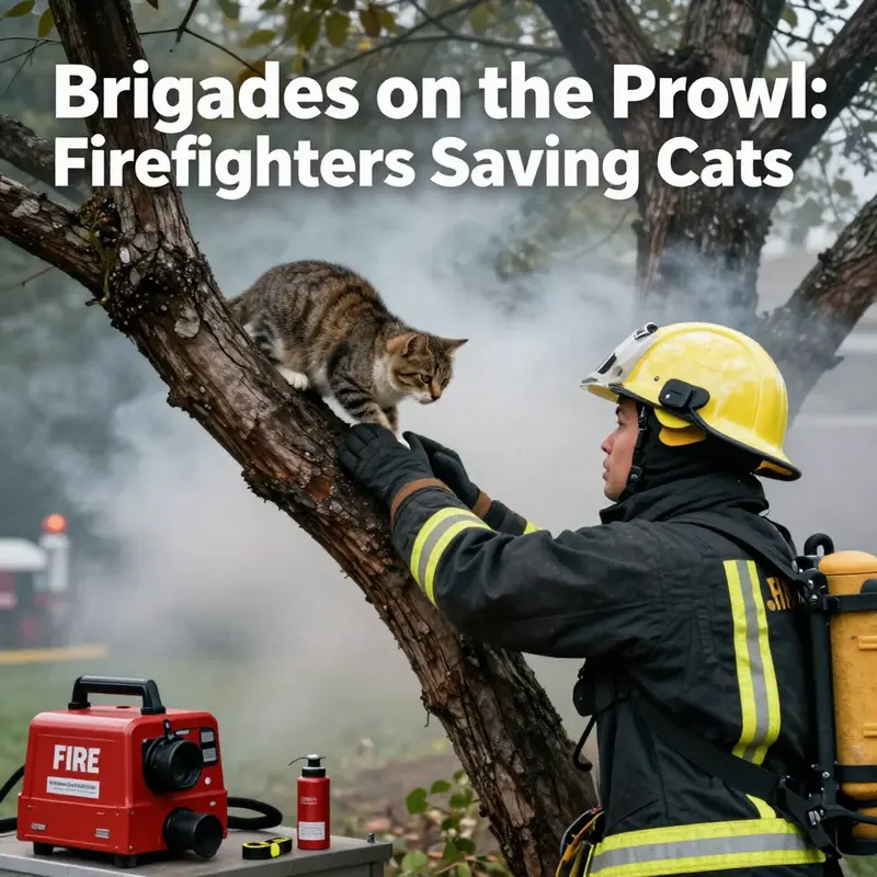 A firefighter rescuing a cat from an emergency situation, emphasizing the dedication of brigades to animal welfare.