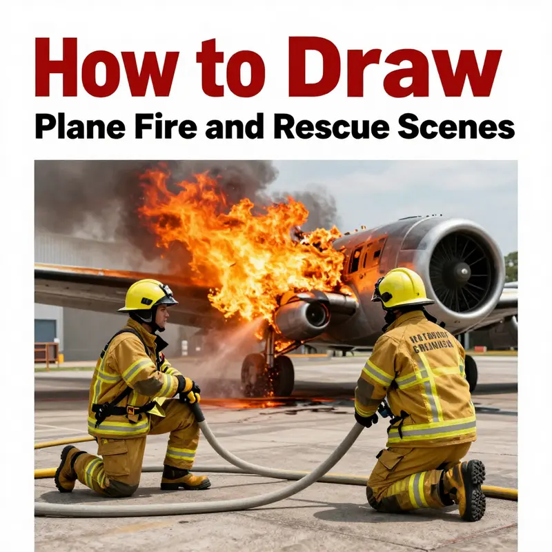 A vivid representation of a plane fire and rescue scene to help artists grasp the intensity and complexity of the environment.