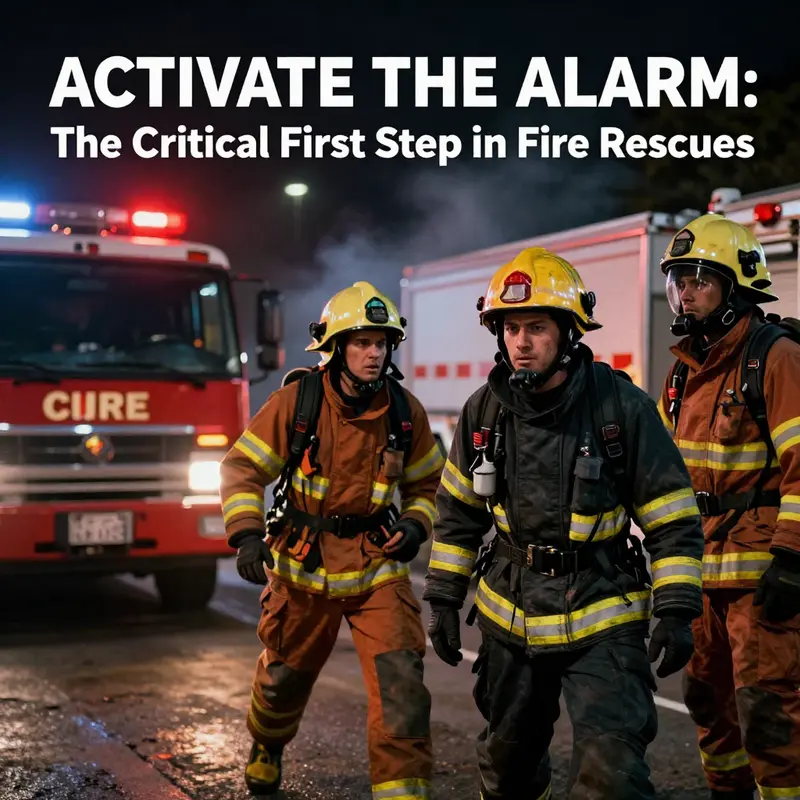 A team of firefighters racing towards a burning building, demonstrating the urgency of response following a fire alarm activation.