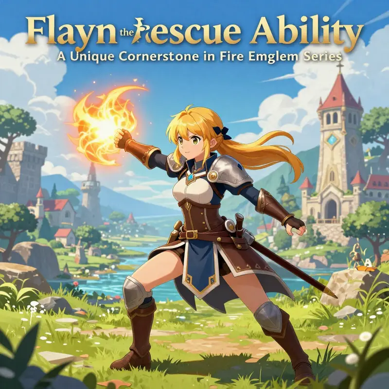 An illustrated cover featuring Flayn with her Rescue ability, highlighting the theme of protection in Fire Emblem: Three Houses.