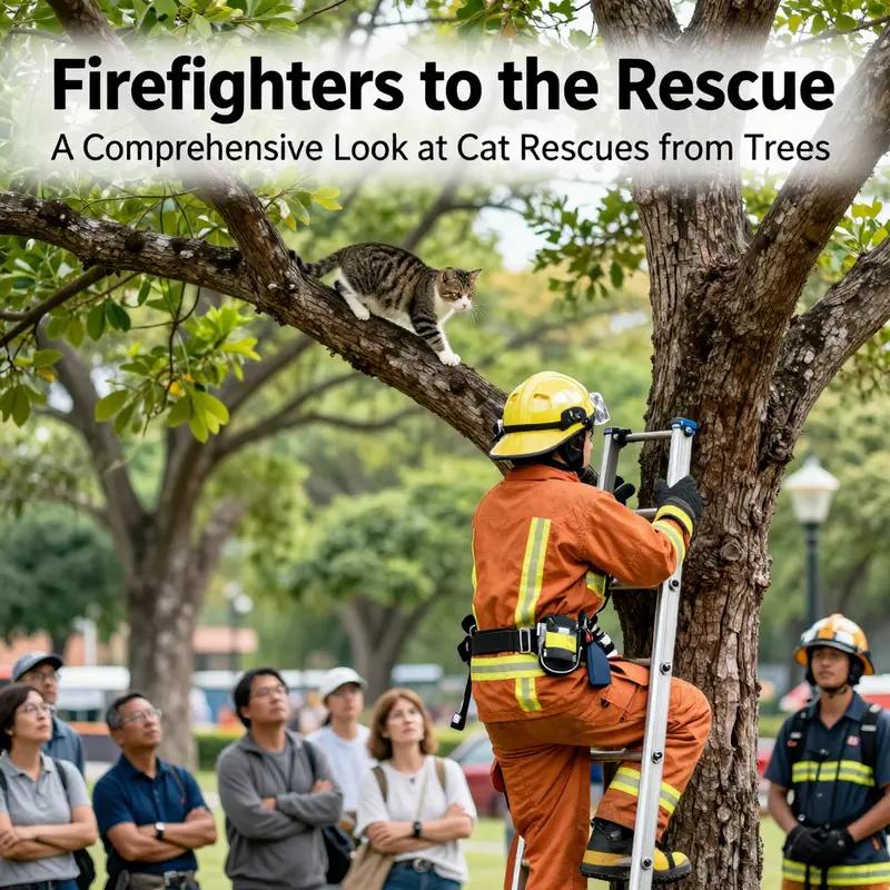 A firefighter rescues a cat from a tree, showcasing global practices in community assistance.