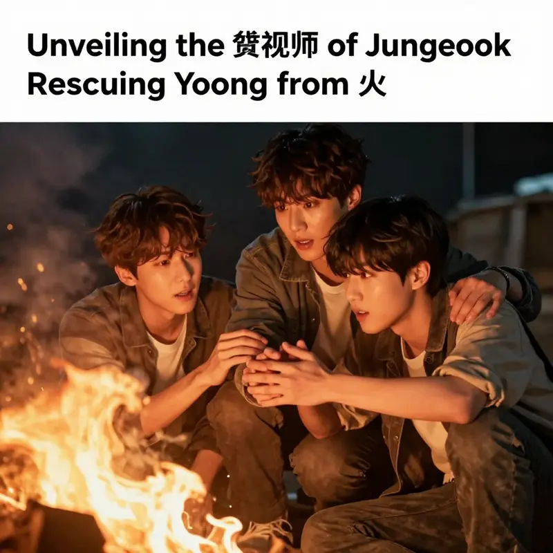 A digital illustration depicting the heroic rescue of Yoongi by Jungkook amidst flames, capturing a pivotal moment filled with intensity and emotion.