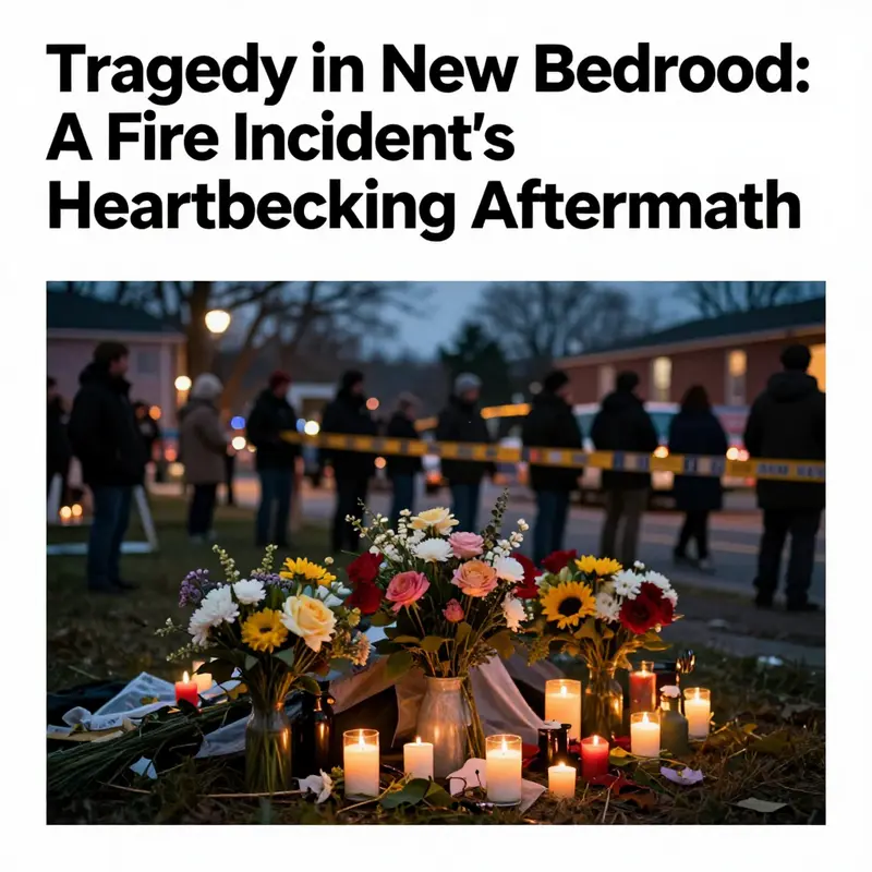 A memorial scene with candles and flowers for the victim of the New Bedford fire incident.