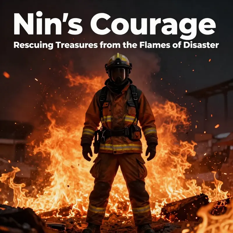A dramatic portrayal of Nin standing valiantly before a blazing fire, symbolizing heroism and hope.