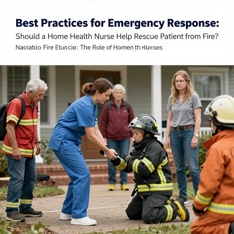 Home health nurse reviewing emergency protocols during a fire alarm.