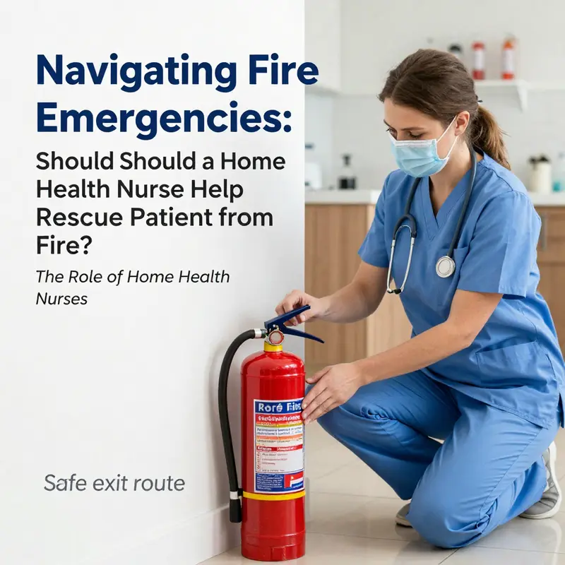 Home health nurse reviewing emergency protocols during a fire alarm.