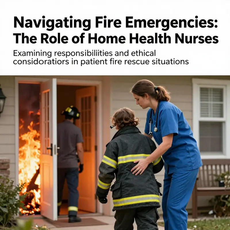 A home health nurse helping a patient escape from a fire, demonstrating the urgency and complexity of their situation.