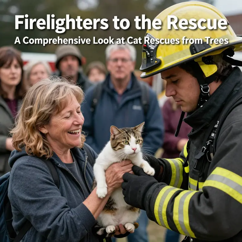 A firefighter rescues a cat from a tree, showcasing global practices in community assistance.