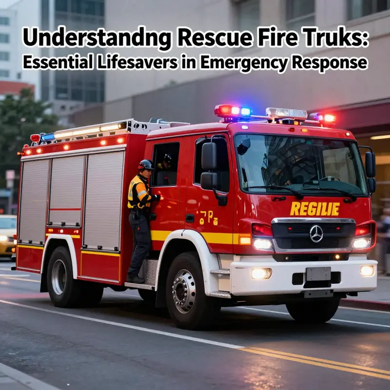 A rescue fire truck responding to an emergency scene with flashing lights and personnel ready for action.