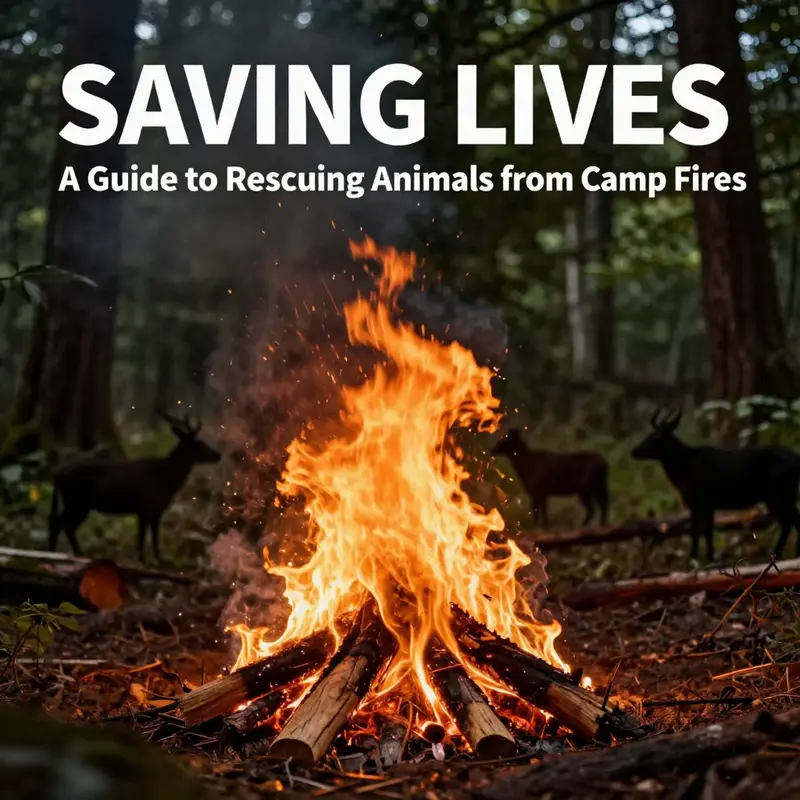 A campfire within a lush forest setting, depicting the need for wildlife protection and rescue efforts.