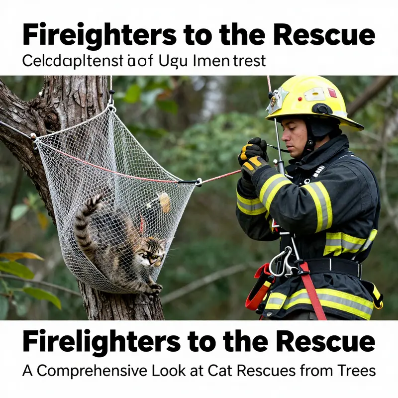 A firefighter rescues a cat from a tree, showcasing global practices in community assistance.