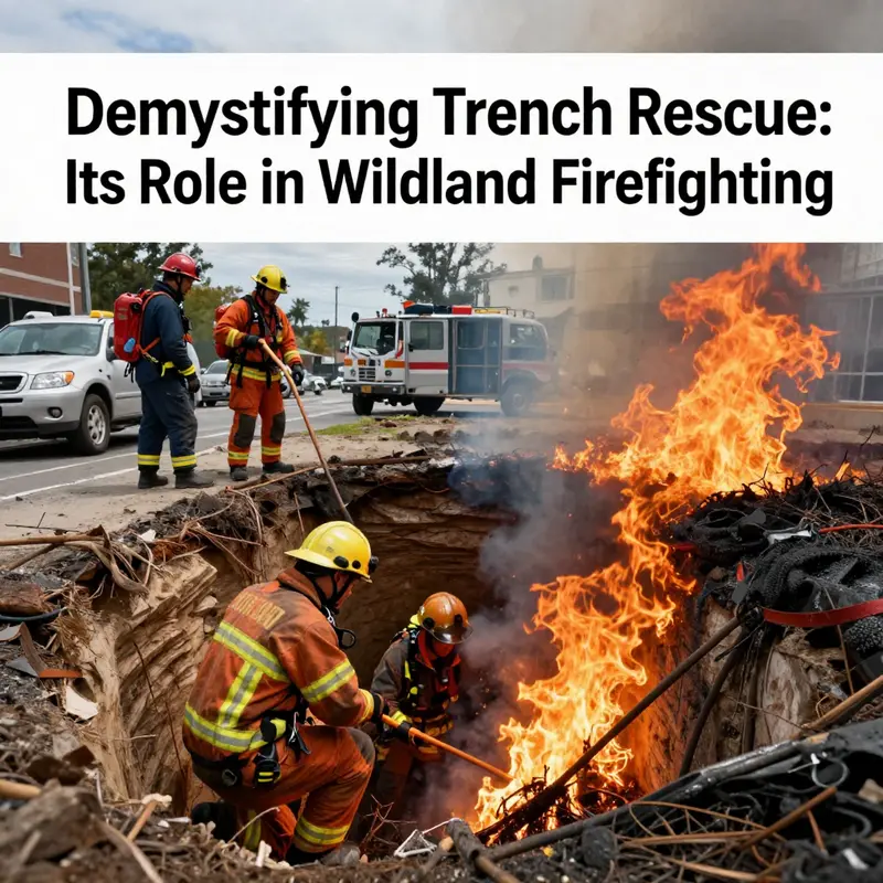 Contrasting images of urban trench rescue and wildland firefighting challenges highlight their distinct yet important roles.