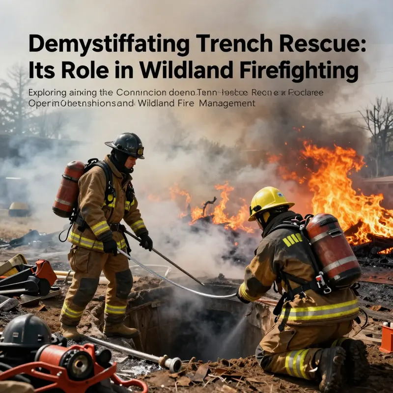 A dynamic scene of firefighters battling a wildfire, representing the connection between urban trench rescue operations and wildland fire management.