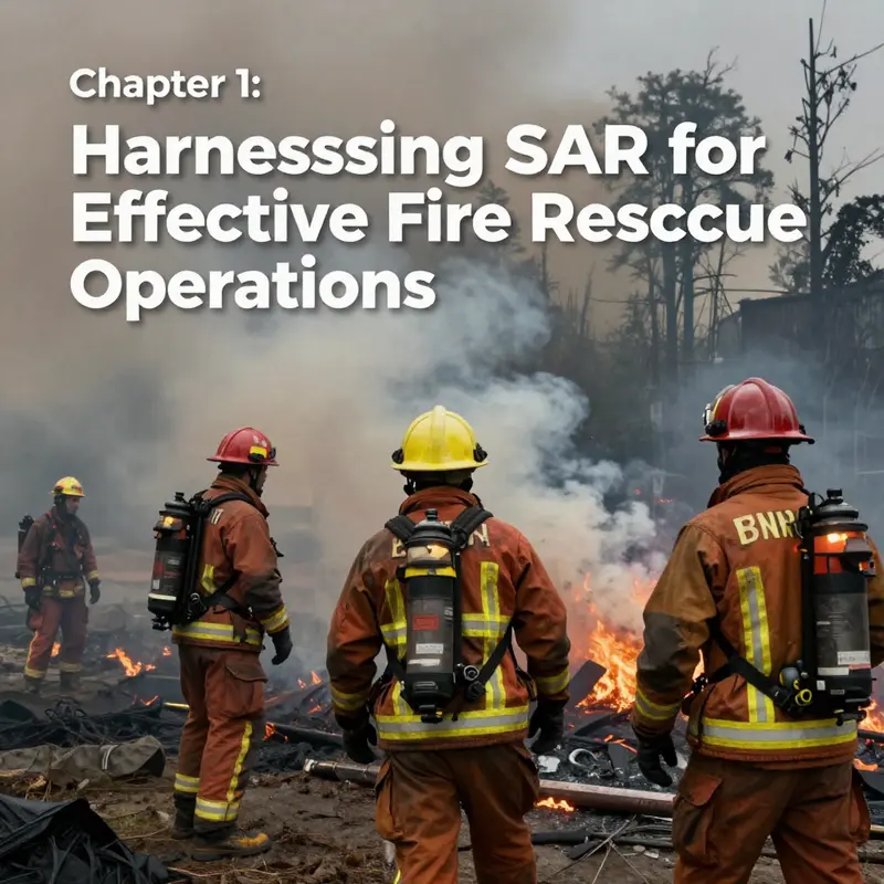Firefighters collaborating in a SAR operation during a wildfire.