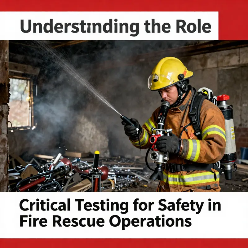 A fire rescue professional using atmosphere testing equipment for safety evaluations in a dangerous environment.