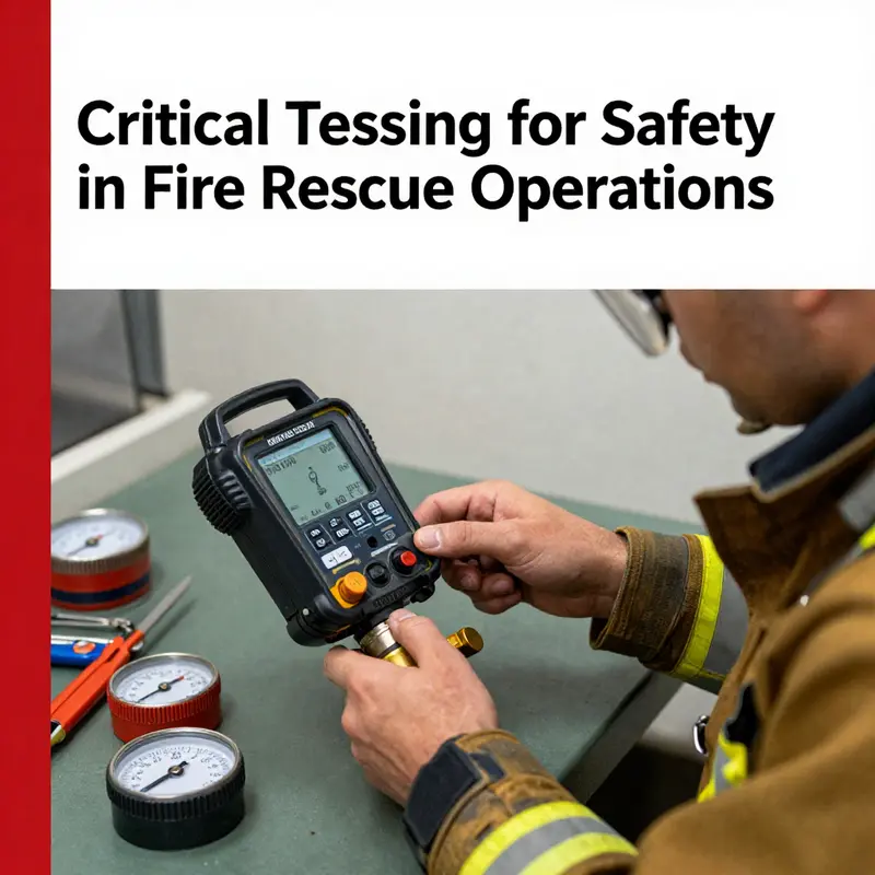 A fire rescue professional using atmosphere testing equipment for safety evaluations in a dangerous environment.