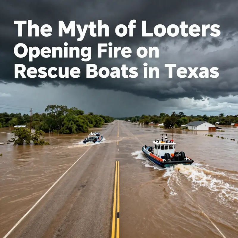 Floodwaters in Central Texas with rescue boats on the scene, depicting the chaos and urgency of the situation.